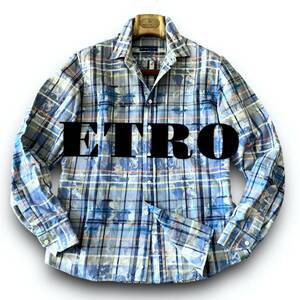 C03 美品 極上シャドーフラワー！定価5万 Mサイズ『エトロ ETRO』イタリアンコットン 長袖 シャツ タータンチェック 花柄 フラワー ブルー