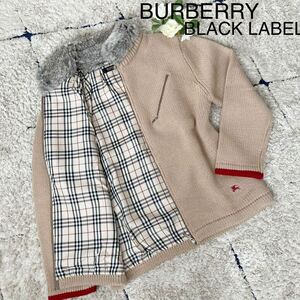 希少◆Ｌサイズ◆BURBERRY BLACK LABEL バーバリーブラックレーベル ニットジャケット セーター ファー 刺繍 チェック ジップ ベージュ 