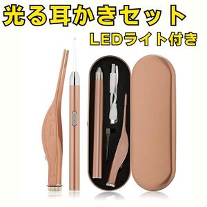 光る耳かきセット ピンク USB充電式 LEDライト 新品 ピンセット 耳掃除 子供用 お年寄り用 家庭用 ライト はっきり見える 