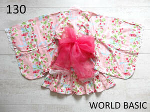 USED【WORLD BASIC】130サイズ 女の子用 セパレート ワンピース 浴衣 ピンク 花柄 薔薇 バラ レース（株）ワールド ワールドベーシック 