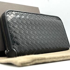 1円【美品・定価約8万】 BOTTEGA VENETA ボッテガヴェネタ イントレチャート ラウンドファスナー ブラック 黒 長財布 財布 カーフレザー