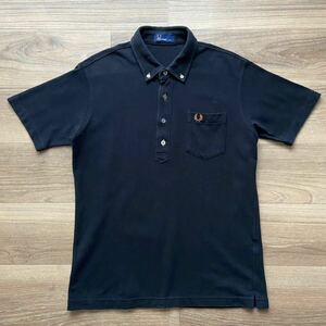 【1円スタート】FRED PERRY フレッドペリー ワンポイント 刺繍ロゴ 半袖 ポロシャツ 鹿子 黒 ブラック Lサイズ