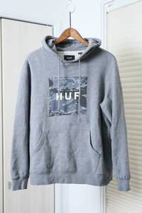 ★HUF プリントプルオーバーパーカー　　古着ユーズド男性メンズSグレー迷彩カモフラフーディー上着服アウタージャケット