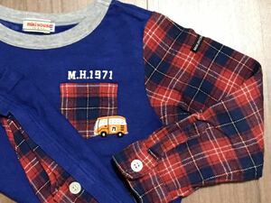 ミキハウス+110+重ね着風+青×赤+チェック+刺繍+長袖+Tシャツ+100+105+バス+車+ネルシャツ+カットソー+MIKIHOUSE