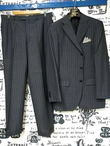 送料込★MALE & Co.(タカキュー)春夏盛夏スーツ3Bサイドベンツ0タック裾wスリム/AB7≒実寸c100-w~90-175~180/グレーミドル縞/半裏/携帯ポケ