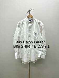 美品90s Polo Ralph Lauren ポロ ラルフローレンBIG SHIRTビッグシャツ オックスフォードL白XLボタンダウンtoo長袖Chino白vintageシャツ