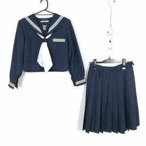 1円 セーラー服 スカート スカーフ 上下3点セット 冬物 白3本線 女子 学生服 中学 高校 紺 制服 中古 ランクC EY2806