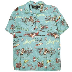 RRL ダブルアールエル WESTERN PRINT CAMP SHIRTS ウエスタンプリント キャンプシャツ S ターコイズブルー Double RL 開襟 ALOHA アロハ