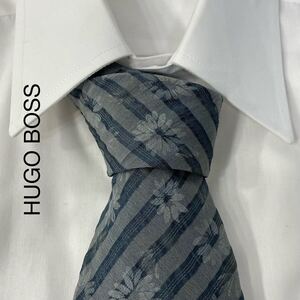 HUGO BOSS ヒューゴボス 花柄 ストライプ 楊柳調 ネクタイ イタリア製 グレー ブルーグレー TG609