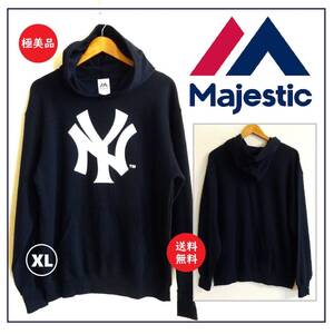 送料込 美品★MLB公式 ニューヨーク・ヤンキース 裏起毛 スウェットパーカー XL★New York Yankees/デカロゴ/Majestic/ネイビー/フーディー