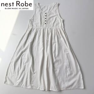 美品 bisque by nest Robe ネストローブ 花柄ジャガードノースリーブピンタックギャザーワンピース ワンサイズ ホワイト ロングワンピース