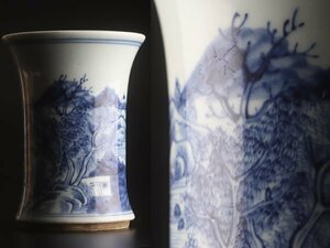 【流】中国美術 染付山水図 花入 花瓶 高13.7cm TT078