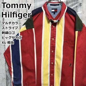 Tommy Hilfiger トミーヒルフィガー 刺繍ロゴ 旧ロゴ マルチカラーストライプ コットン XL 大きいサイズ ビッグサイズ 長袖シャツ 90s Y2K