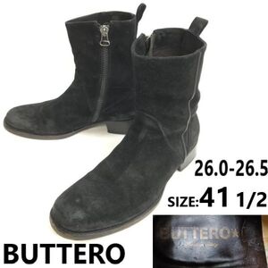 イタリア製★BUTTERO/ブッテロ★スエード本革/サイドジップ付/ブーツ【41.5/black/黒】ヒール高めミドル丈/Leather/Boots/shoes◆pWB100-31