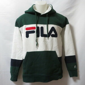 古着 メンズL FILA/フィラ 裏起毛 スウェットパーカー フーディ プルオーバー スポーツ カジュアル グリーン/ホワイト FH7438