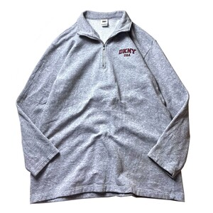 3000円スタート! 90s USA製 DKNY USA ヴィンテージ ハーフジップ ロゴ プリント スウェット トレーナー 裏起毛 グレー S メンズ 90年代古着