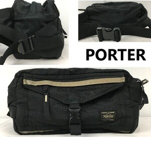 PORTER/ポーター★たっぷり収納/ウエストポーチ/ボディーバッグ　黒/ブラック　小物ポケット有/hip zip/belt bag/fanny pack　管NO.XB18-25