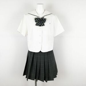 1円 セーラー服 ミニスカート リボン 上下3点セット カンコー 夏物 青1本線 女子 学生服 兵庫龍野北高校 白 制服 中古 ランクB NA6593