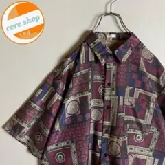 【3着￥10,000】レトロ感　半袖　総柄　柄シャツ　パープル　紫　レトロ感