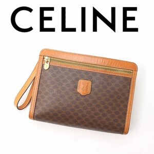 ヴィンテージ◆CELINE セリーヌ PVC×レザー マカダム柄 クラッチ セカンド バッグ ブラウン×キャメル