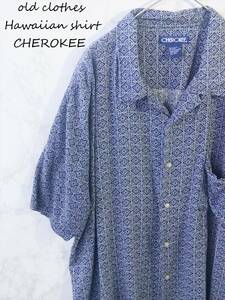 美品 CHEROKEE 幾何学模様 柄シャツ 半袖 アロハシャツ XLサイズ 紺 ネイビー レーヨン 柔らか素材 ハワイアン メンズ ファッション 大きめ