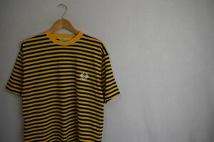 グッドカラー◎アメリカ製claiborneボディオールコットンクルーネック半袖ボーダーTシャツMイエロー×ネイビーアメカジストリート nr23900