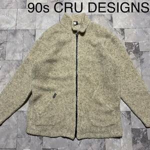 90s CRU DESIGNS クルー USA製カリフォルニアブランド 紙タグ surfサーフィン フリースジャケット ジップアップ クリーム サイズL 玉FS1257