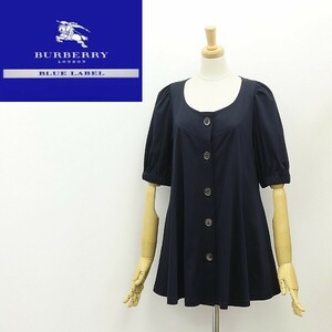 美品◆BURBERRY BLUE LABEL バーバリー ブルーレーベル ロゴ刺繍 コットン フレア チュニック ダークネイビー 38