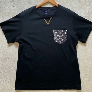 【極美品・22SS】 LOUIS VUITTON ヴィトン 半袖 Tシャツ LVチェーン モノグラム ポケット トップス カットソー 現行タグ XL ブラック 黒