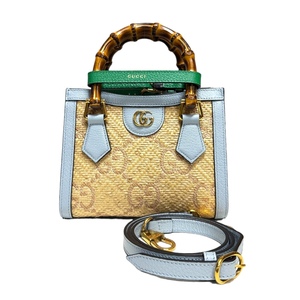 グッチ 日本限定 ダイアナ ミニトート バンブー ショルダーバッグ ラフィア 702732 ベージュ レディース GUCCI 中古 美品