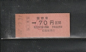 国鉄大阪印刷 伊勢八太→小児専用70円区間 赤地紋 硬券乗車券 未使用券 無人化駅