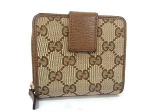 1円 GUCCI グッチ GGキャンバス×レザー ホック 二つ折り 財布 ウォレット 札入れ 小銭入れ メンズ レディース ブラウン系 FF9620