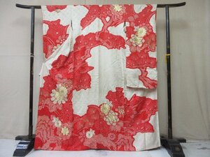 1円 中古 正絹 着物 振袖 縮緬 式典 和装 成人式 正月 絞り 枝花 草花 高級 袷 身丈155cm 裄64cm ◆逸品◆【夢職】★★★★