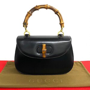 極 美品 GUCCI オールドグッチ ヴィンテージ バンブー ターンロック カーフレザー ハンドバッグ ミニ トートバッグ ブラック 10536