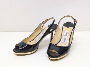 S281-N29-4664 JIMMY CHOO ジミーチュウ エナメル サンダル ブラック ピンヒール レディース サイズ34 現状品2