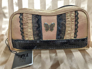 【新品】アナスイ ANNA SUI☆蝶々 レース 山型化粧ポーチ ミニ巾着 ミラー付き 鏡　スパンコール　コスメポーチ　ピンクオレンジ ゴールド