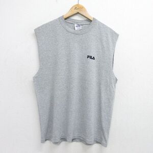 L/古着 フィラ FILA ノースリーブ ビンテージ Tシャツ メンズ 90s ワンポイントロゴ コットン クルーネック グレー 霜降り 2