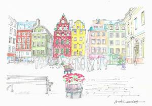 ヨーロッパの街並み・スエ―デン・ストックフォルム・ガムラスタンの王宮前広場・F4画用紙・水彩画原画