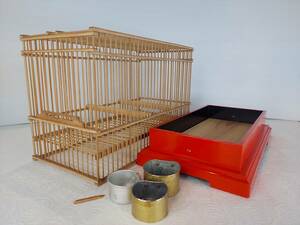 K05-0717　昭和レトロ 鳥篭 鳥籠 小鳥 鶯 目白 バードゲージ 竹格子木製台 美品