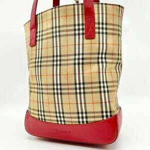 ●高級●BURBERRY バーバリー バケツ型 トートバッグ ハンドバッグ 鞄 かばん 肩掛け可 ノバチェック キャンバス 本革 レザー 赤 ベージュ