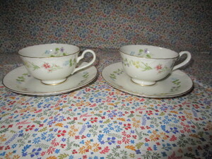 ＃ＮＯＲＩＴＡＫＥ「ノリタケ（コンテンポラリー）★金彩　野草花柄のペアカップ＆ソーサー」～箱付き　カップの内側にスミレが咲いてます