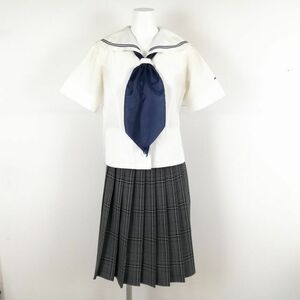 1円 セーラー服 チェックスカート スカーフ 上下3点セット 大きいサイズ 夏物 青2本線 女子 福岡折尾愛真中学 白 中古 ランクC NA9316