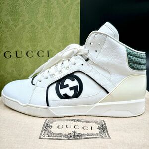 1円【美品】 GUCCI グッチ 【圧倒的高級感】 メンズ インターロッキング パイソン スニーカー ハイカット シューズ 靴 ホワイト 27cm相当