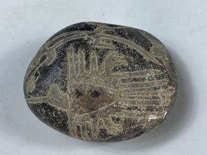 【福蔵】メキシコ 地上の絵 写し 石画 アンティーク 彫刻細工 天然石 置物 飾物 幅8.3cm