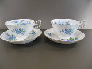 T-0213◇ロイヤルアルバート ROYAL ALBERT カップ＆ソーサー BONE CHINA ペア 2客 金彩 花柄 勿忘草