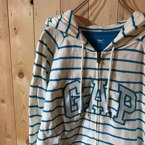 [KWT2866] Gap フード付きジップパーカー レディース ホワイトブルーボーダー L 60