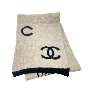 ☆☆ CHANEL シャネル ロゴ カメリア マフラー ベージュ×ブラック ウール/カシミヤ/シルク ストール やや傷や汚れあり