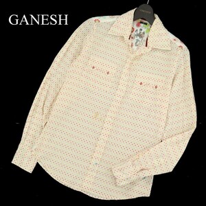 GANESH ガネーシュ 春夏 ロゴ刺繍★ ヨーク切替 総柄 長袖 ウエスタン ワーク シャツ Sz.S　メンズ 白　A3T04718_4#A