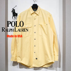 【USA製】M / 80s 90s VINTAGE POLO COUNTRY RALPH LAUREN ポロカントリー ワークシャツ メタルボタン ヘビーコットン イエロー 古着 小襟