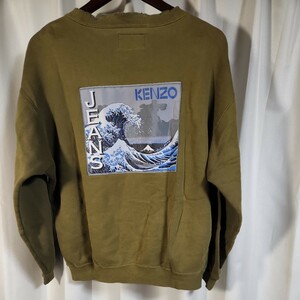 KENZO JEANS　ケンゾー　スエット　トレーナー　サイズＬ　カーキ色　日本製　90年代　葛飾北斎　富嶽三十六景　波　当時物　